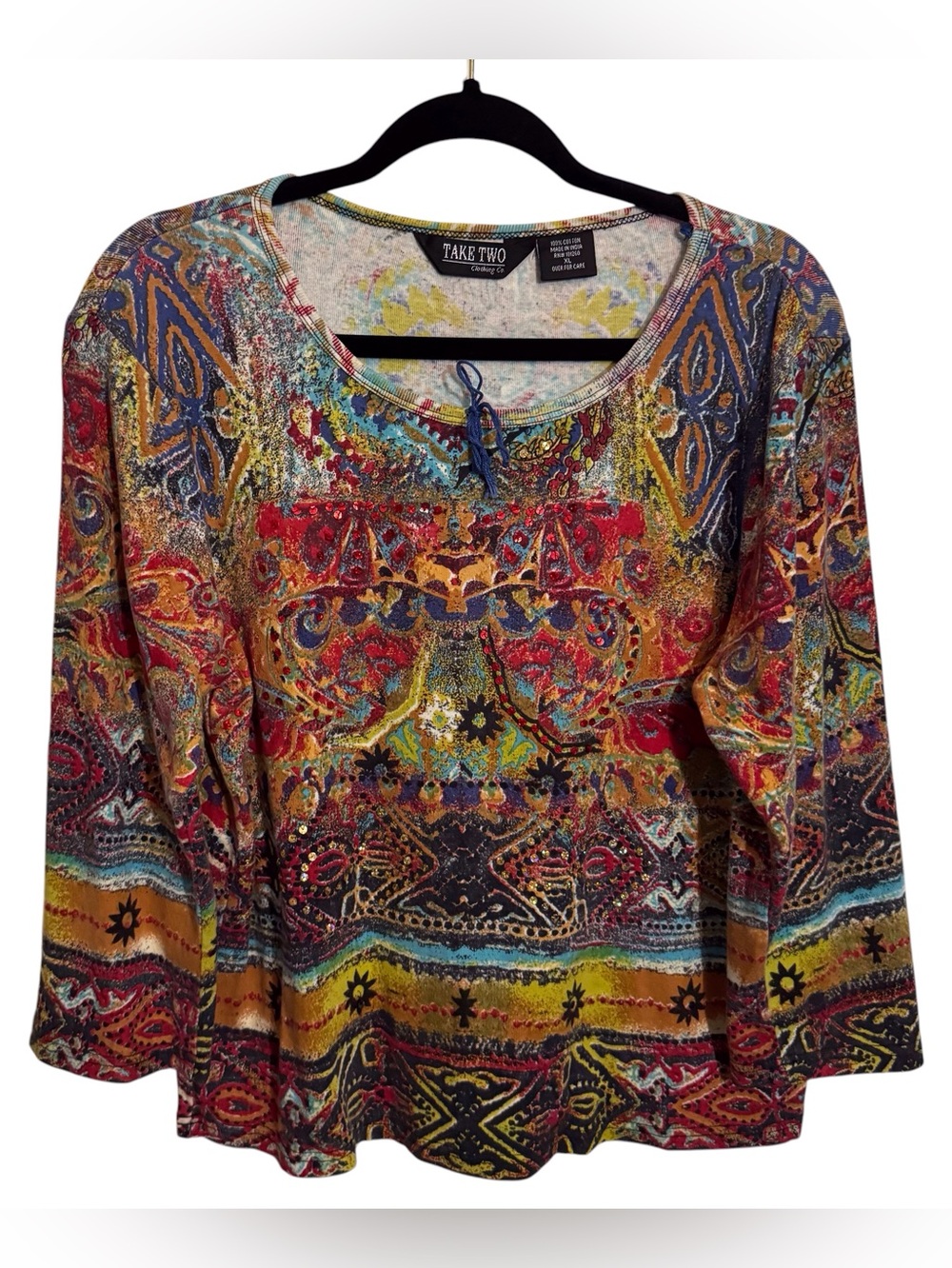 Take Two Y2K X-Large Colorful Sequins Top Grunge Blouse Cotton Geometric Pattern